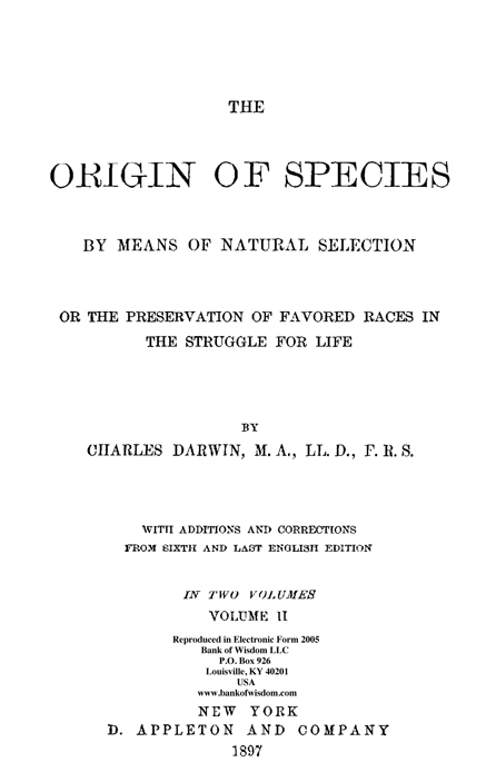 (image for) The Origin of Species, Vol. 2 of 2 Vols.